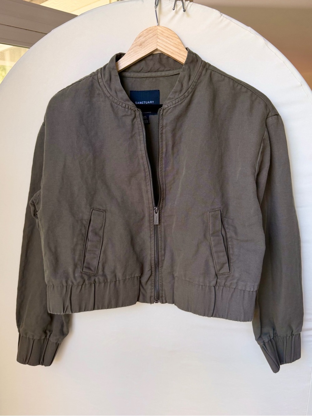 Sanctuary Linen Blend Bomber Jacket Olive Green Boxy Cropped size XS